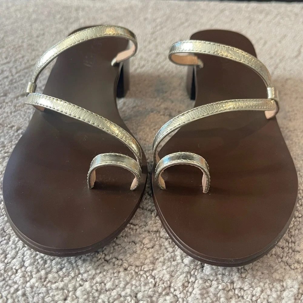 J. Crew Metallic and Brown Strappy Toe Ring Sandals, Stacked 2” Block Heel, 6